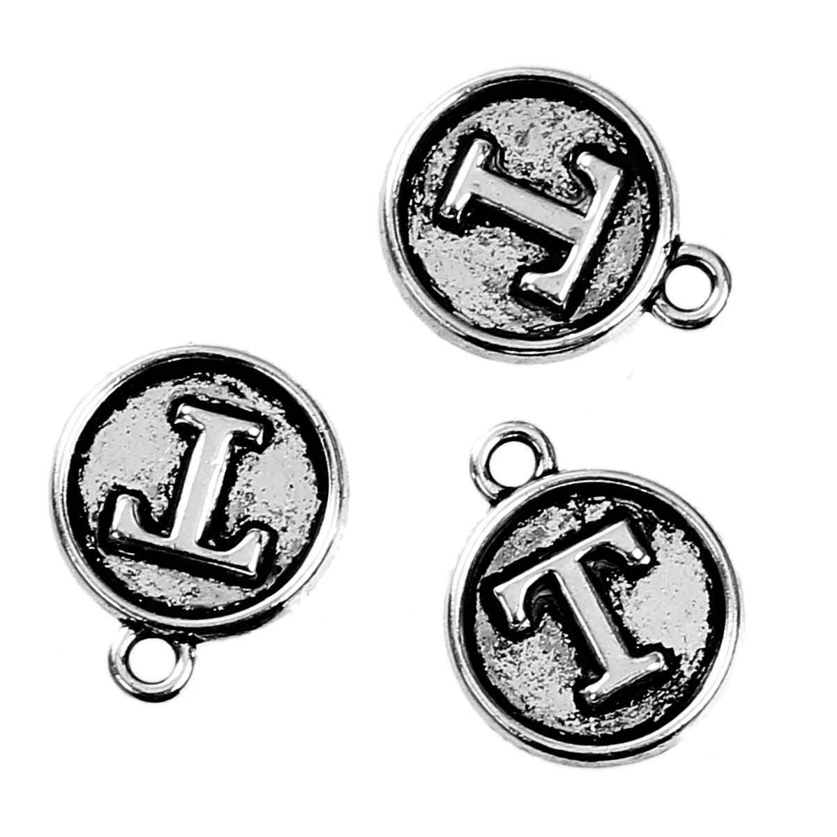 Letter T Charms Antique Silver Tone, Round Initial Charms, Jewelry Making Supplies