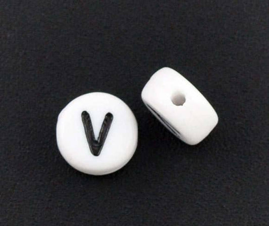 Letter V Beads 7mm, ABC Beads, Black & White Alphabet Beads