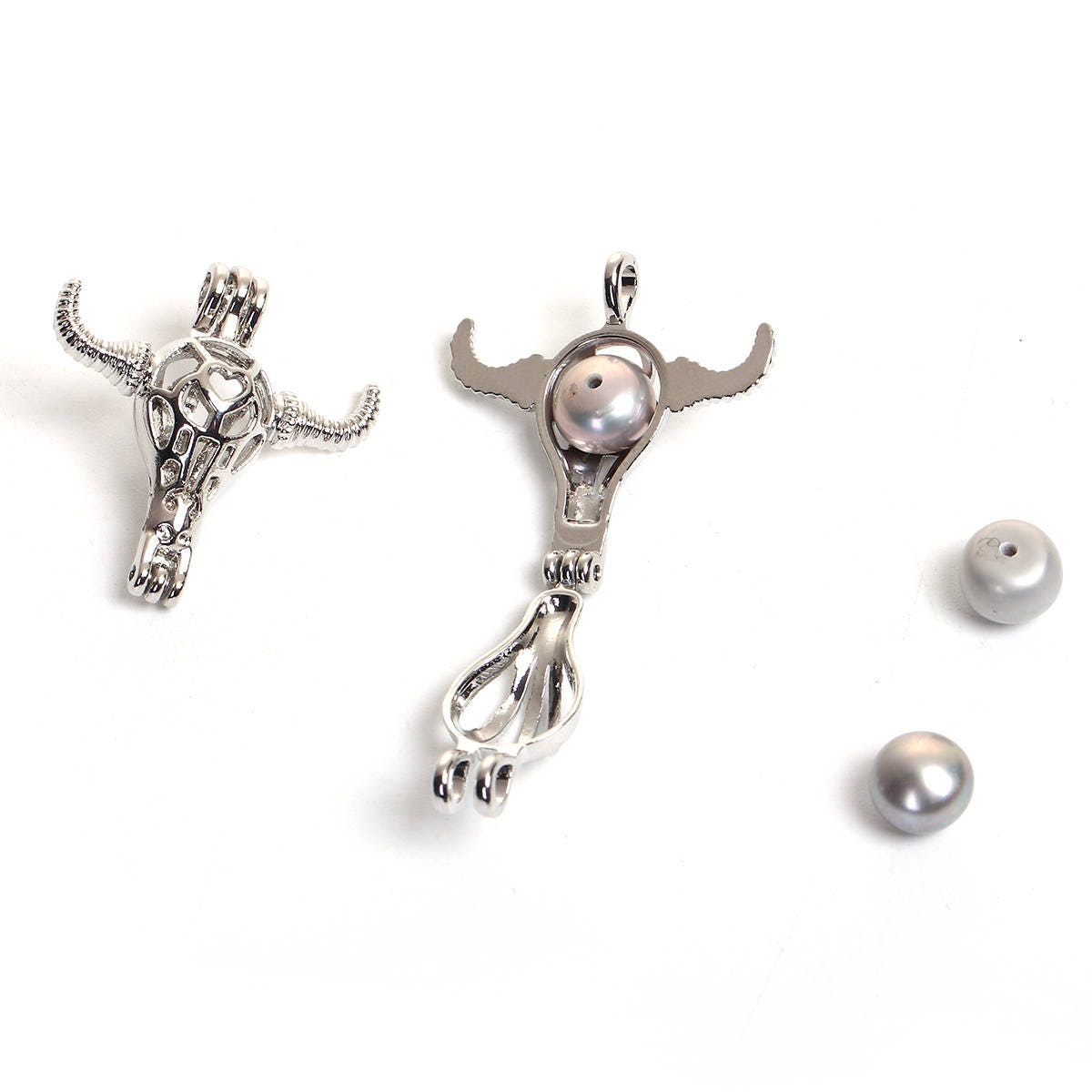 2 Bull pearl cage pendants fits 8mm bead