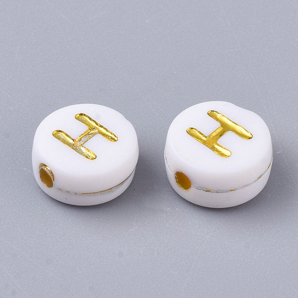 Letter H Beads, 7mm Gold and White Alphabet Beads