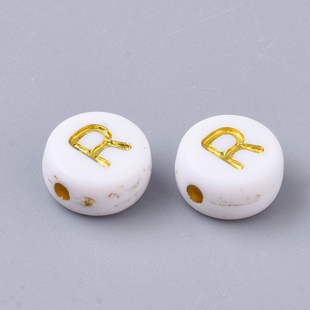 Gold Letter R Beads, 7mm Gold and White Alphabet Beads