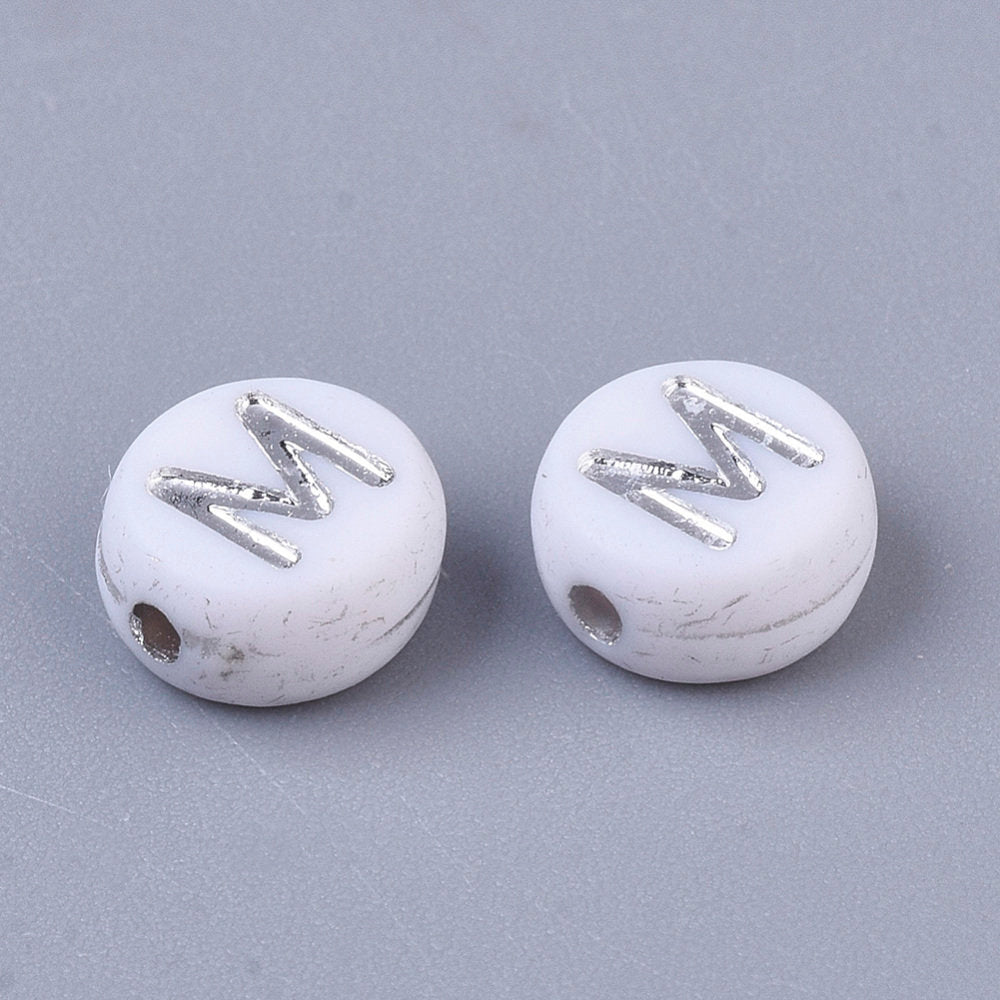 Letter M Beads, 7mm Silver and White Alphabet Beads