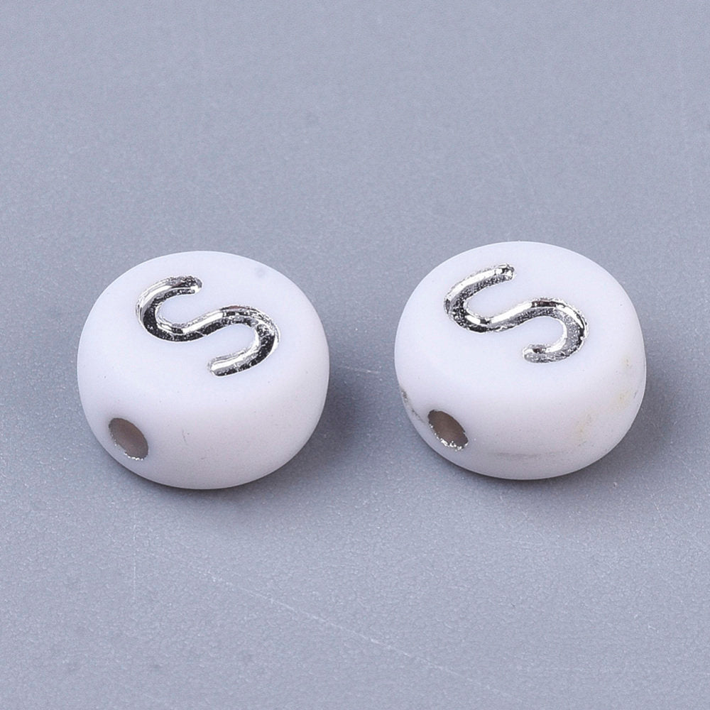 Letter S Beads, 7mm Silver and White Alphabet Beads