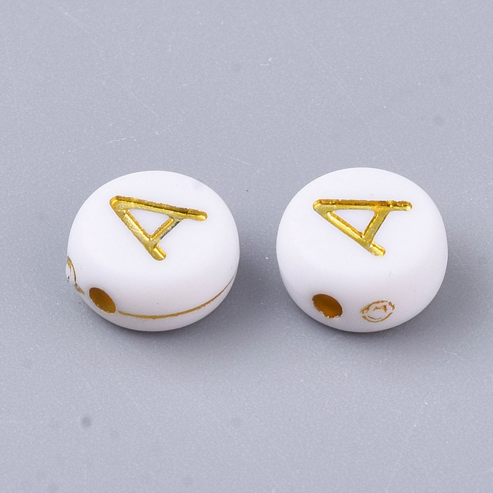 Gold Letter A Beads, 7mm Gold and White Alphabet Beads