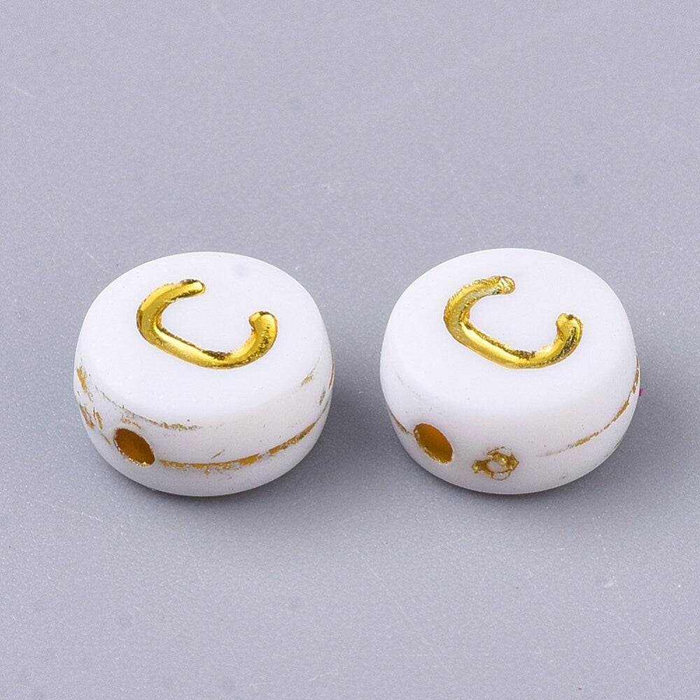 Gold Letter C Beads, 7mm Gold and White Alphabet Beads