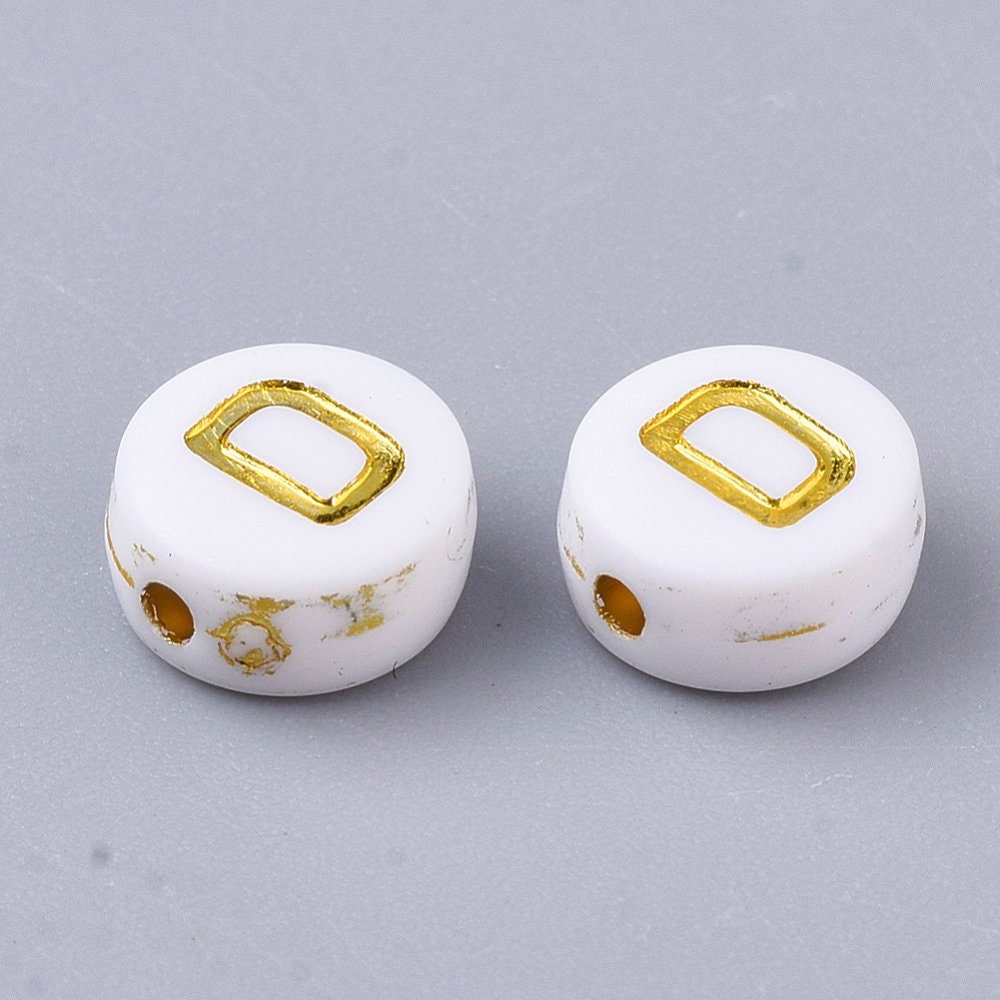 Letter D Beads, 7mm Gold and White Alphabet Beads