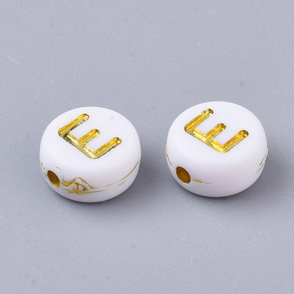 Gold Letter E Beads, 7mm Gold and White Alphabet Beads