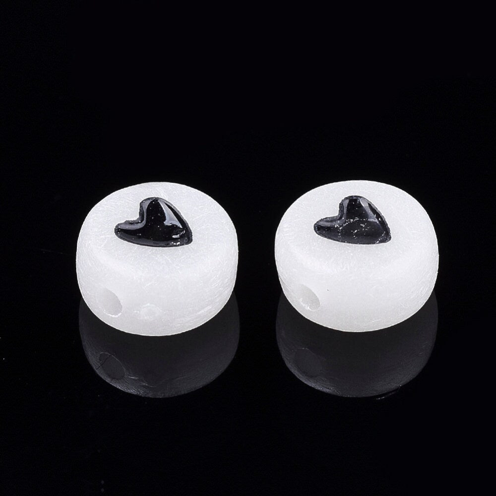 Glow in the Dark Black Heart Beads 7mm, Spacer Beads, ABC Beads, Alphabet Beads Spacers, Jewelry Making Supplies