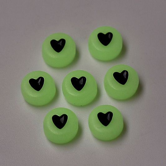 Glow in the Dark Black Heart Beads 7mm, Spacer Beads, ABC Beads, Alphabet Beads Spacers, Jewelry Making Supplies