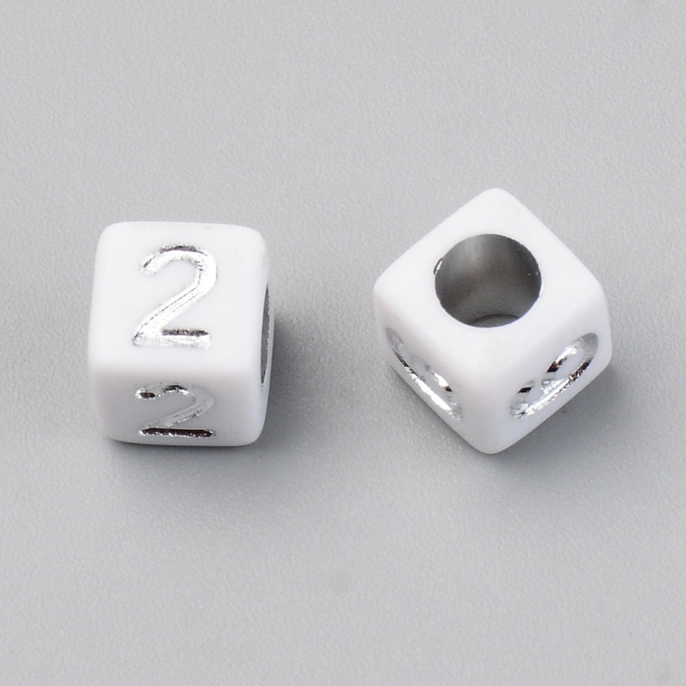 Cube Acrylic Number Beads, Silver and White Hashtag Beads, Heart Beads