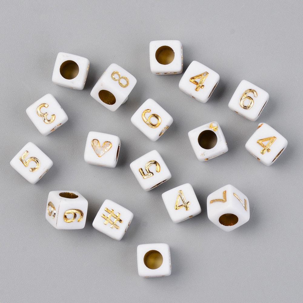 Cube Acrylic Number Beads, 6mm Gold Cube Number Beads
