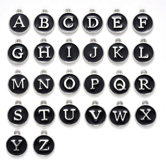 Black and Silver Enamel Alphabet Letter Charms 1 Set A-Z