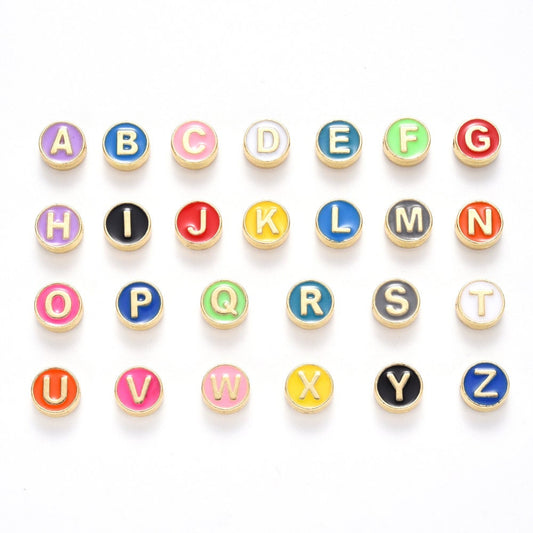 Assorted Gold Enamel Alphabet Letter Beads, Metal Letter Beads, 1 Set A-Z