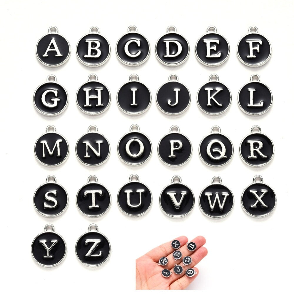 Black and Silver Enamel Alphabet Letter Charms 1 Set A-Z