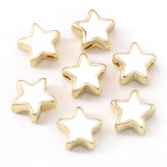 10 Star Beads, White and Gold Enamel Star Beads