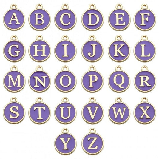 Purple and Gold Enamel Alphabet Letter Charms 1 Set A-Z, Purple Initial Charms