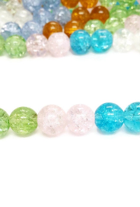 36 Crackle Glass Beads 10mm, Round Beads 10mm, Transparent Beads, Multicolor Beads, Clear Crackle Beads