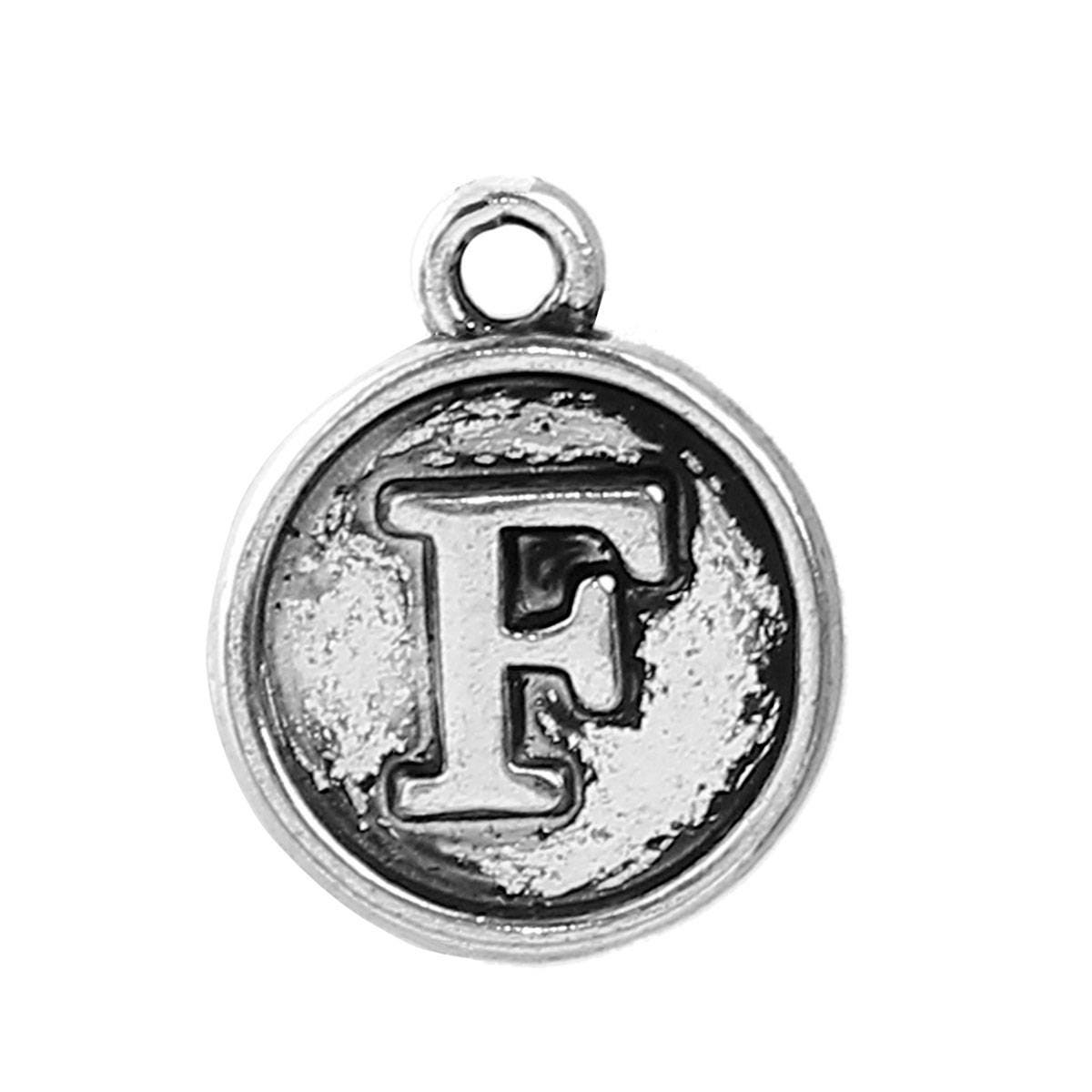 Letter F Charms Antique Silver Tone, Round Initial Charms