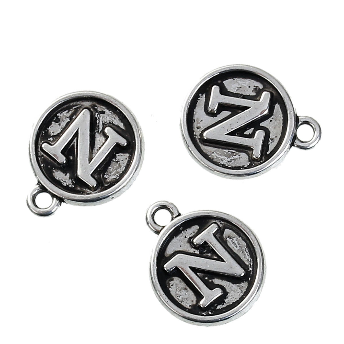 Letter N Charms Antique Silver Tone, Round Initial Charms