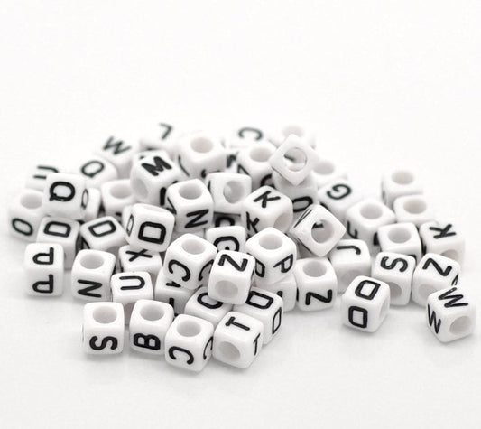 Acrylic Square Black & White 6mm x 6mm Random Initial Alphabet Letter Beads