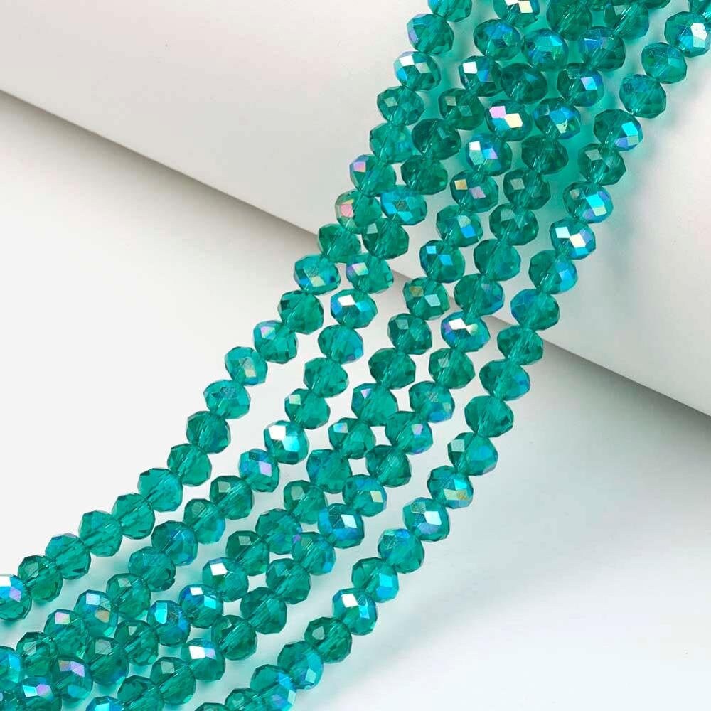 Green Faceted Rondelle Beads Half Rainbow Plated