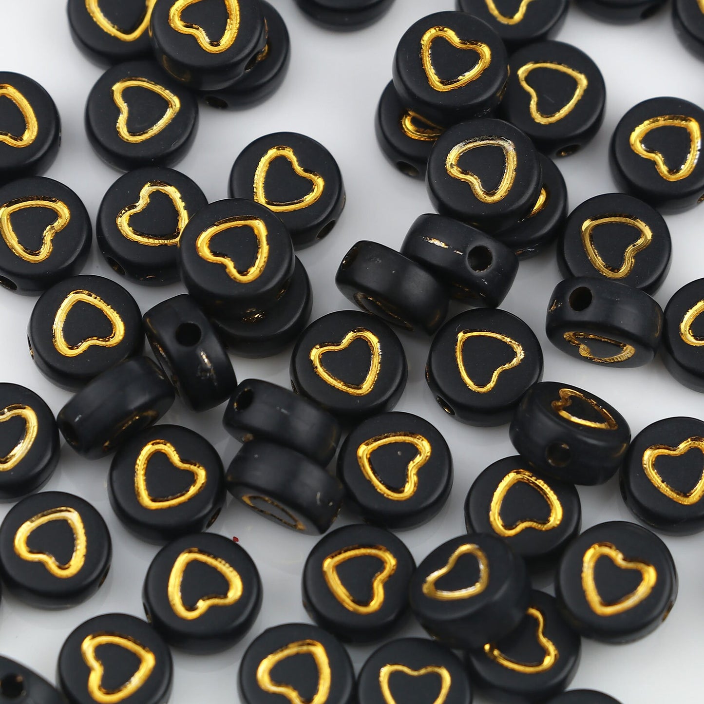 Black and Gold Heart Beads 7mm,  Acrylic Letter Beads