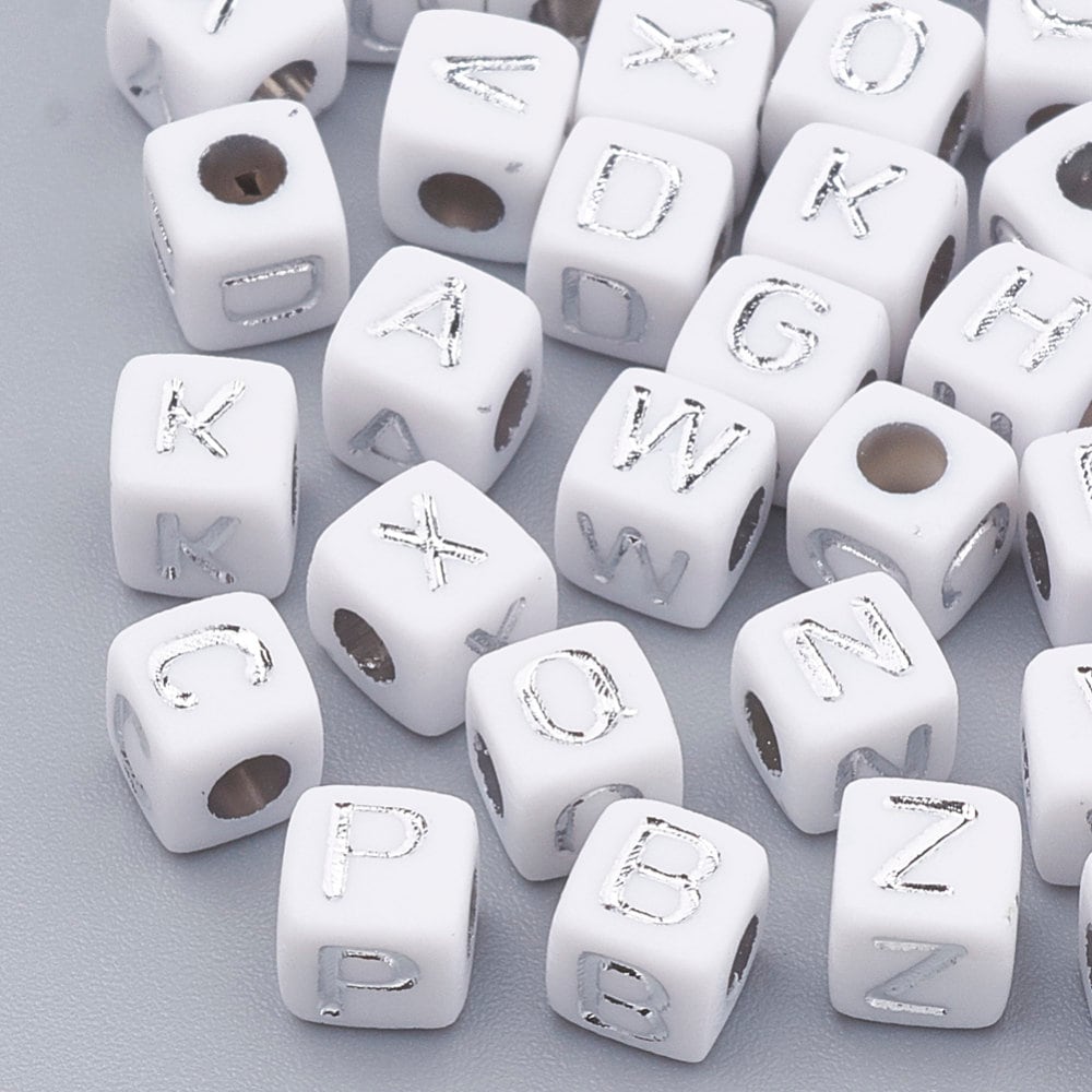 Letter Beads - 7mm Small Cube Square White Alphabet Acrylic or