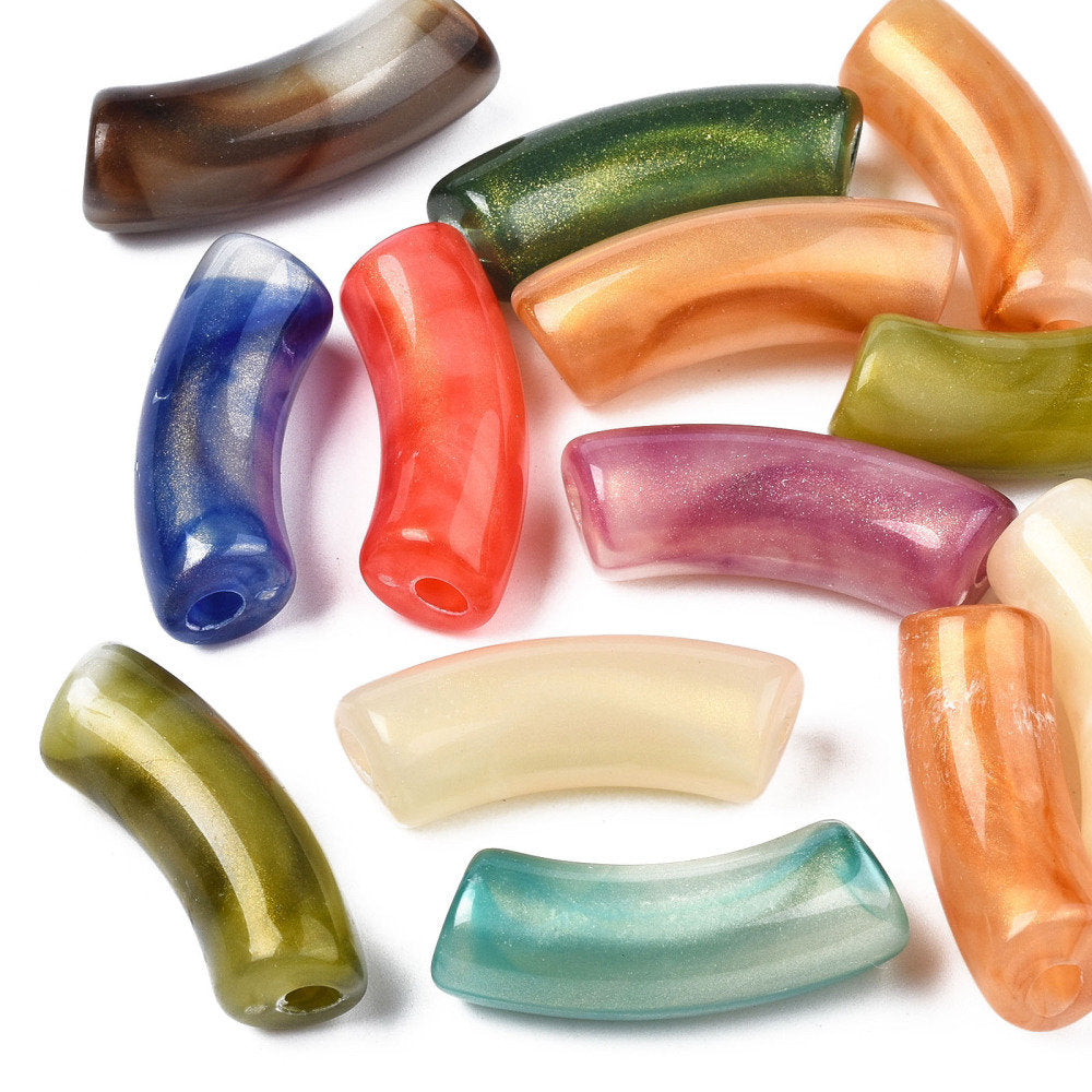 20 Glitter Acrylic Tube Beads Assorted Colors, Acrylic Noodle Beads, Tube Curved Beads