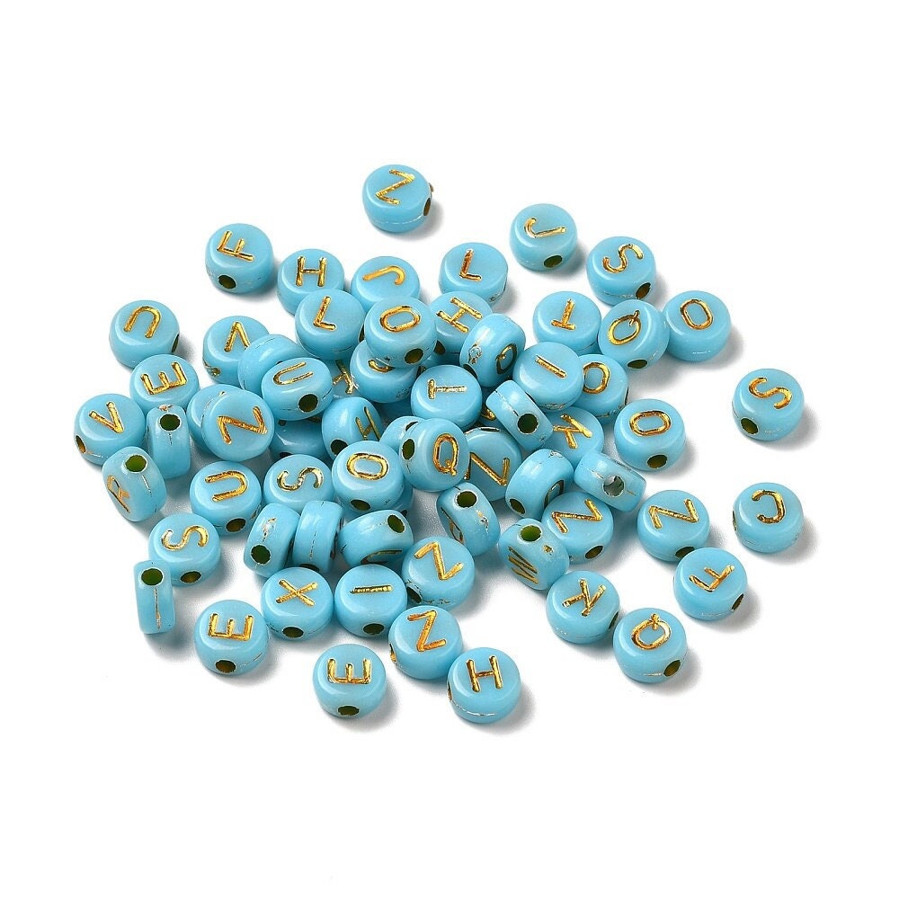 Blue and Gold Alphabet Beads, 7mm Acrylic letter Beads, Jewelry Making Supplies